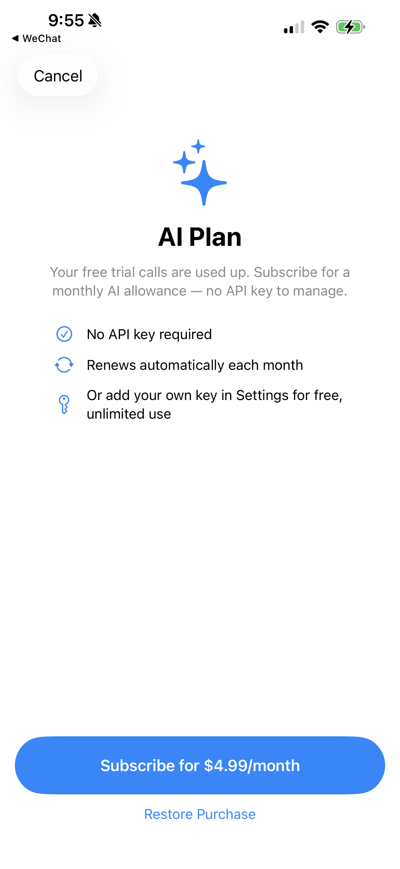 AI Plan: no API key required, free trial then an optional subscription