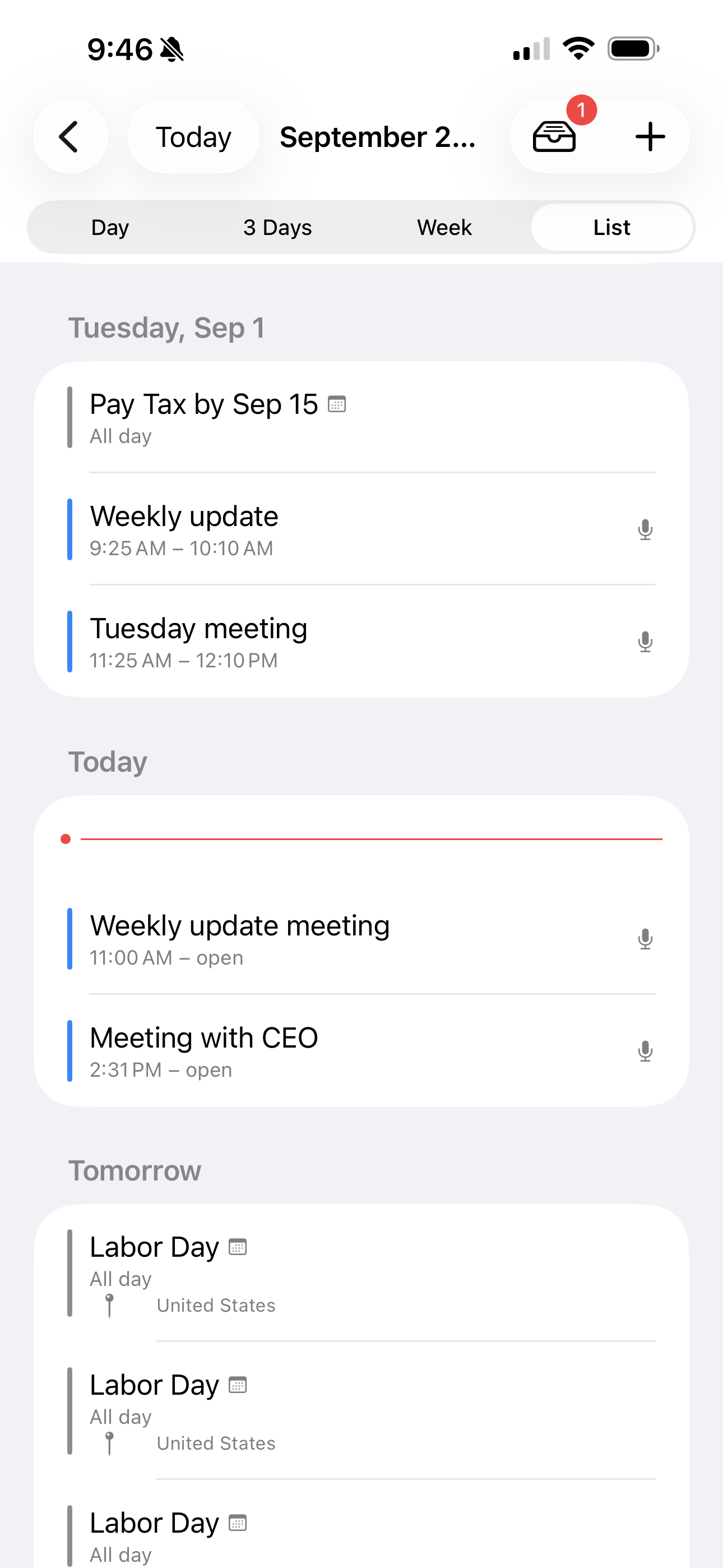 List view of the calendar grouped by day, mixing iOS Calendar events like Labor Day with recordings like Weekly update and Tuesday meeting